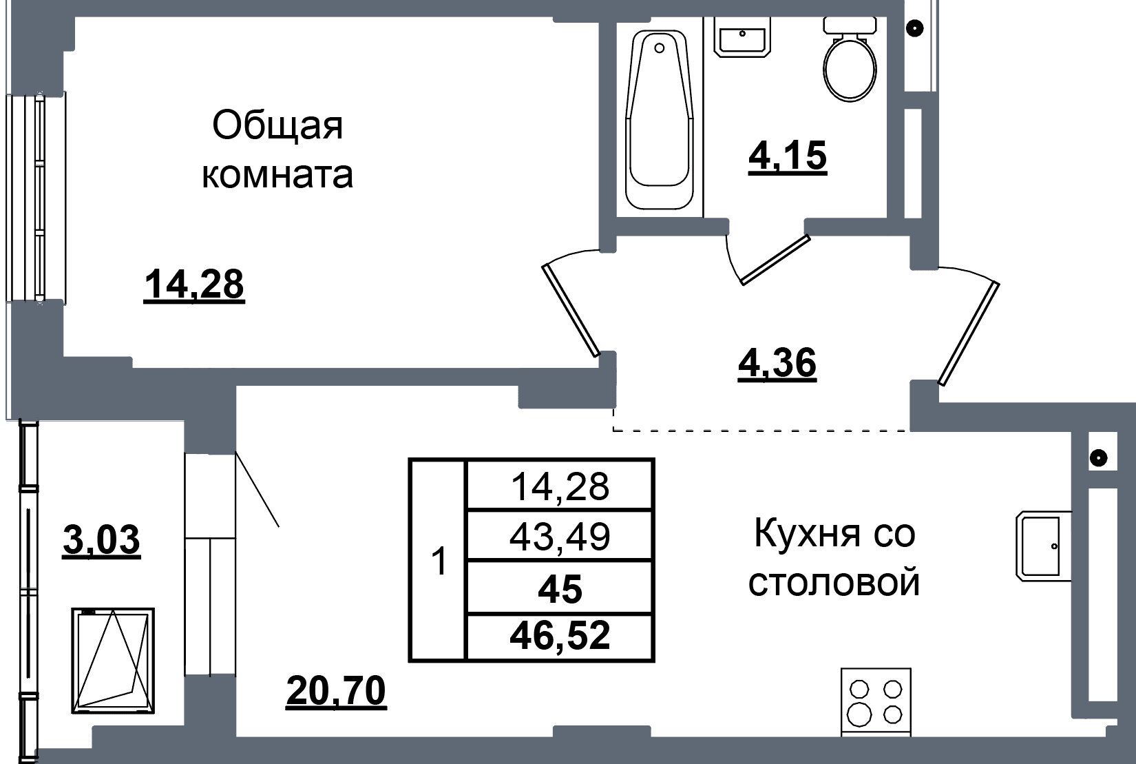 1 комн., 45.0 м²