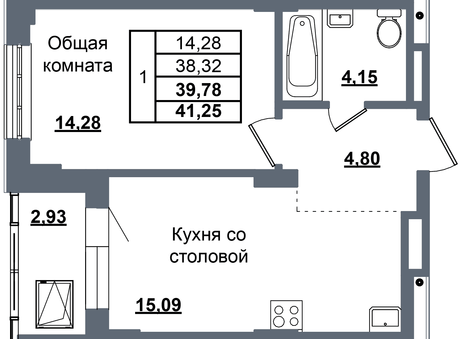 1 комн., 39.8 м²