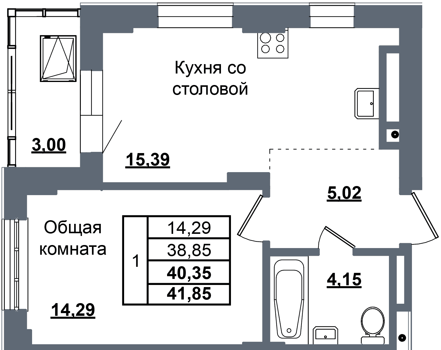 1 комн., 40.4 м²