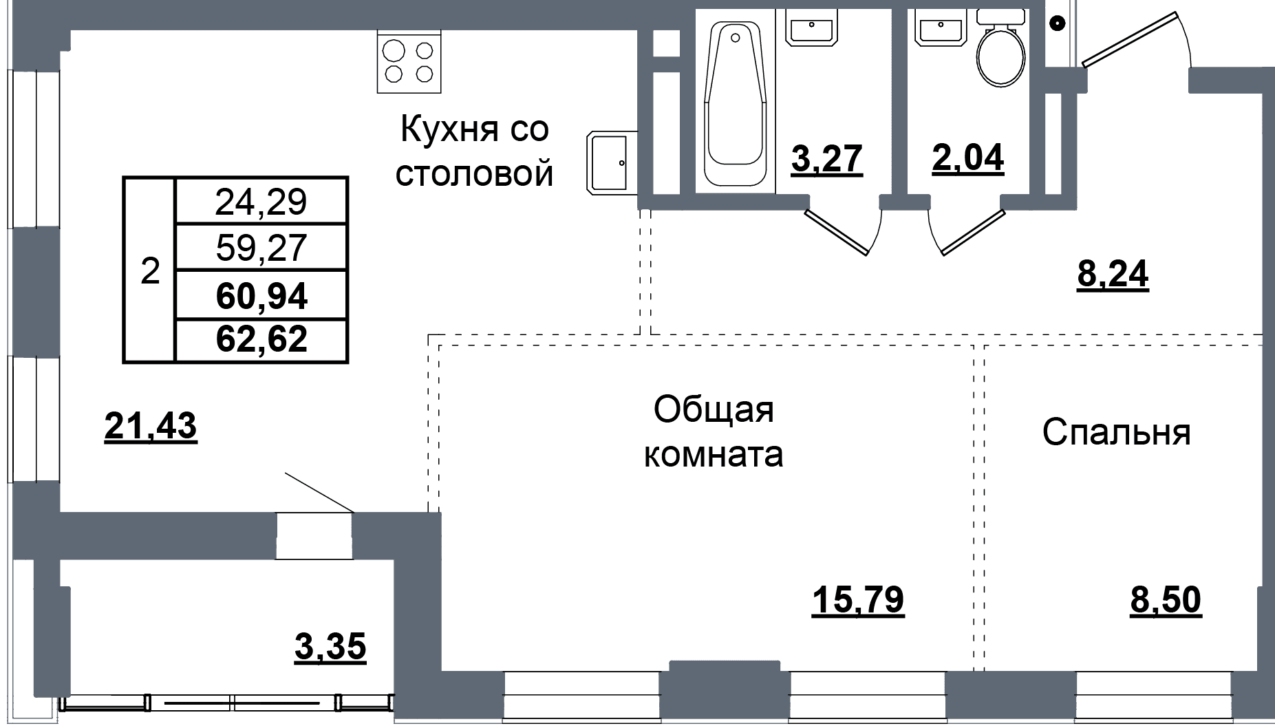 2 комн., 60.9 м²