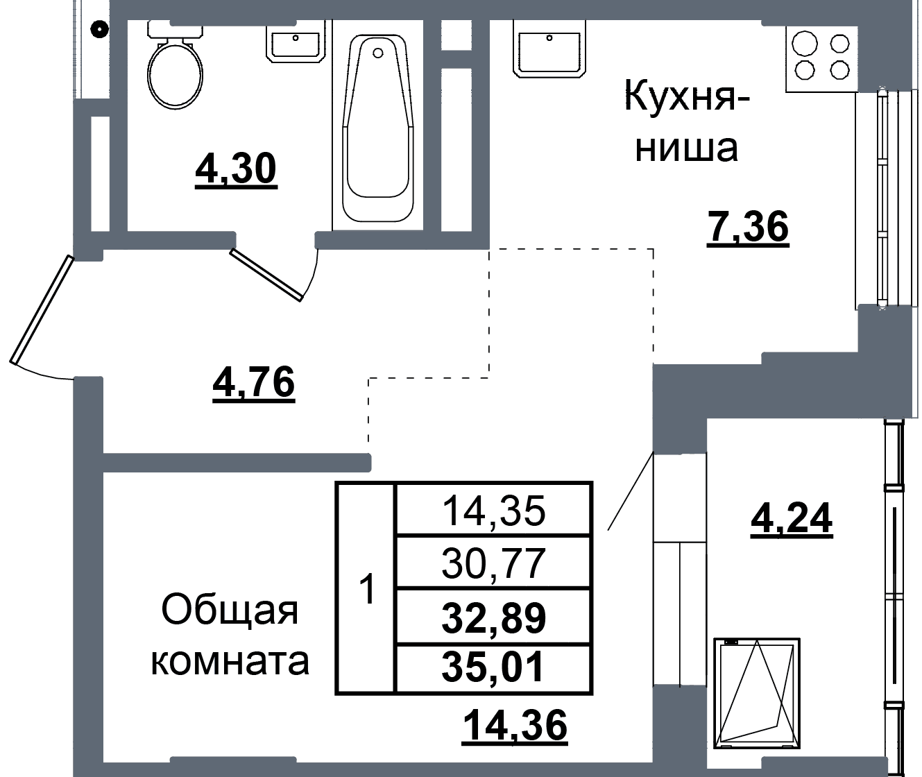 1 комн., 32.9 м²