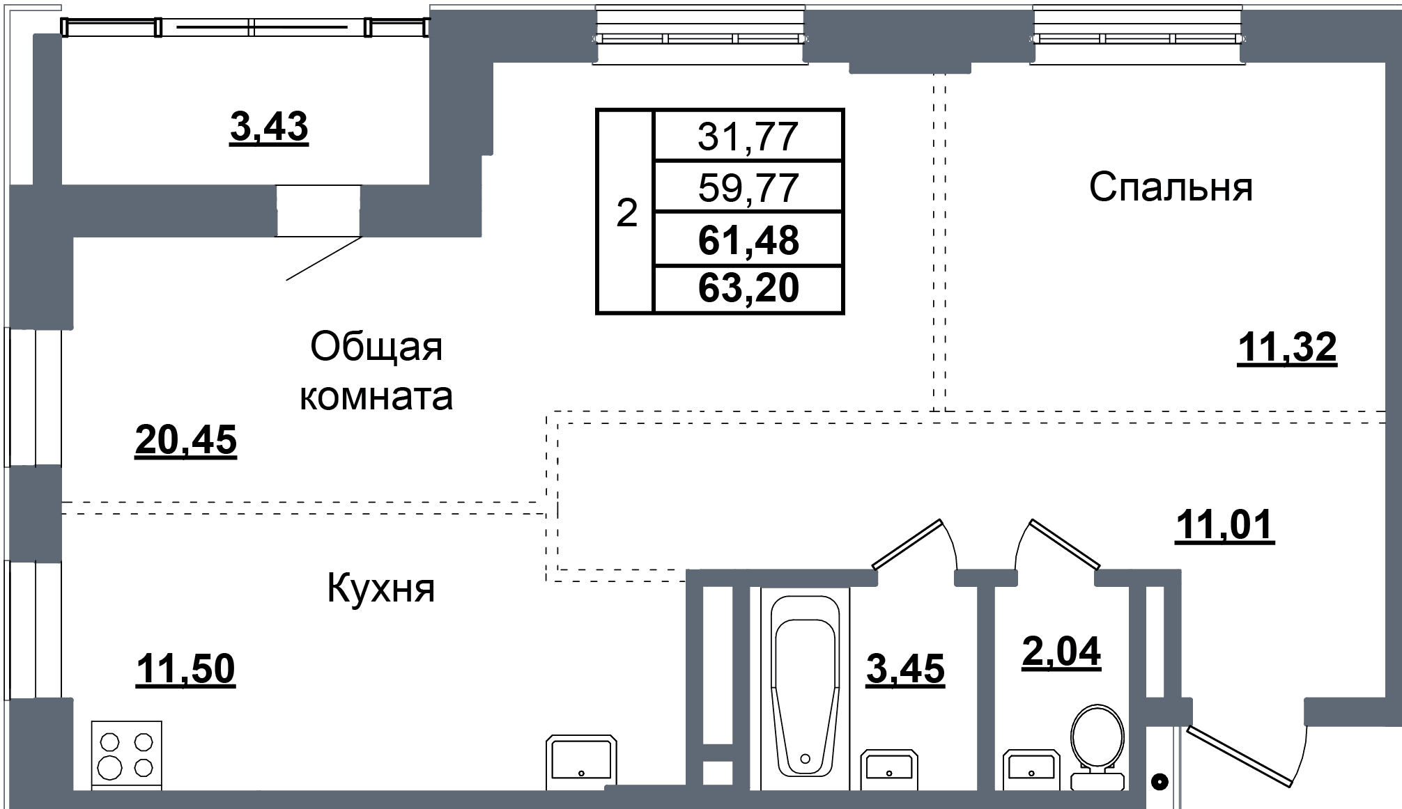 2 комн., 61.5 м²