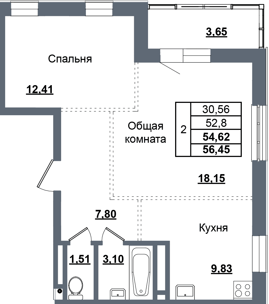 2 комн., 54.6 м²