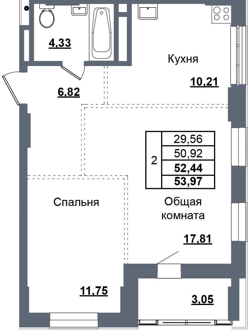 2 комн., 52.4 м²