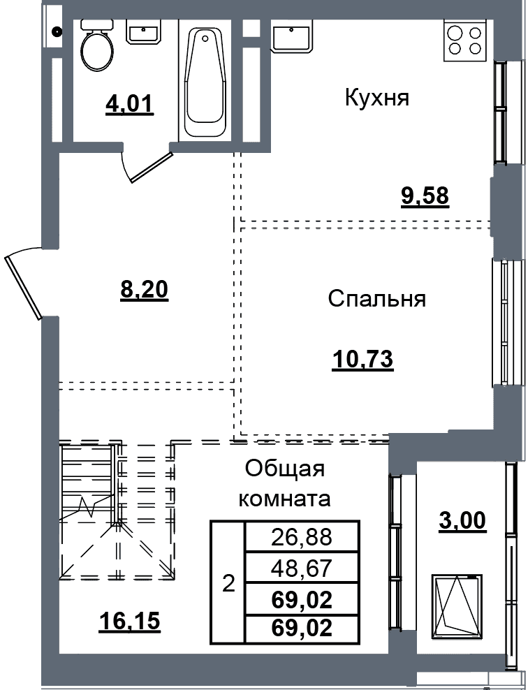 2 комн., 69.0 м²