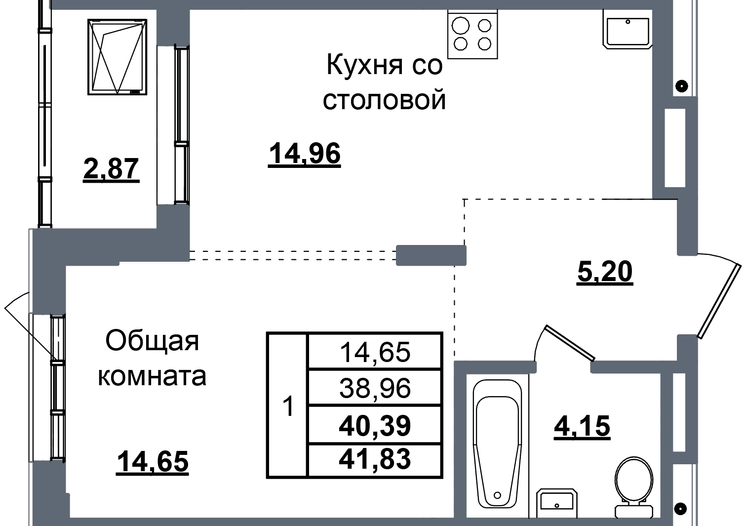 1 комн., 40.4 м²