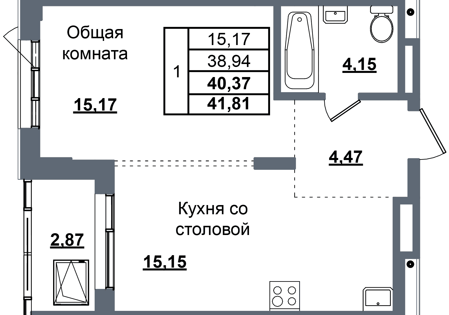 1 комн., 40.4 м²