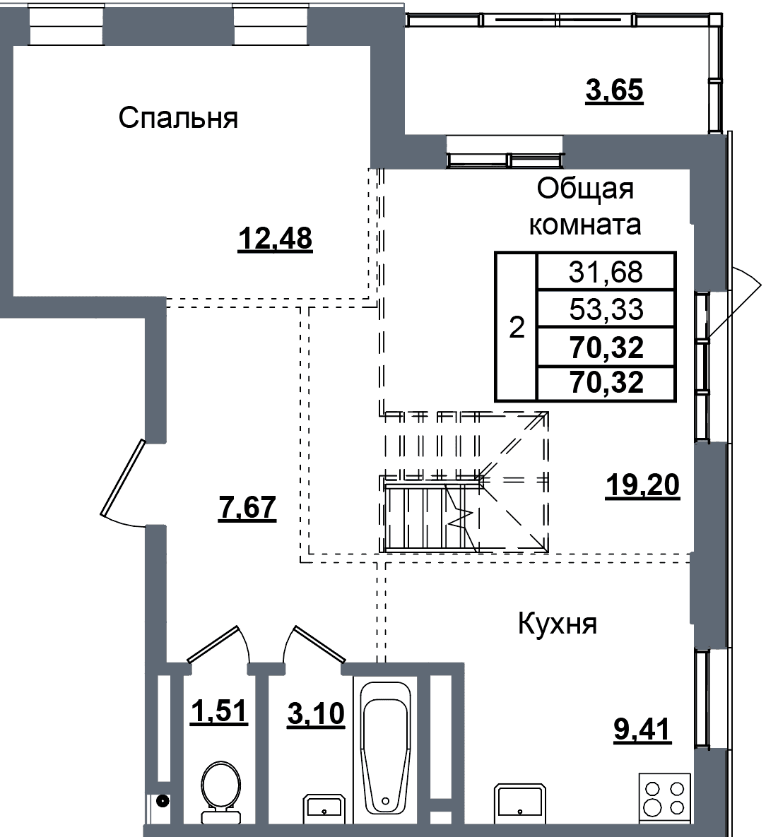 2 комн., 70.3 м²