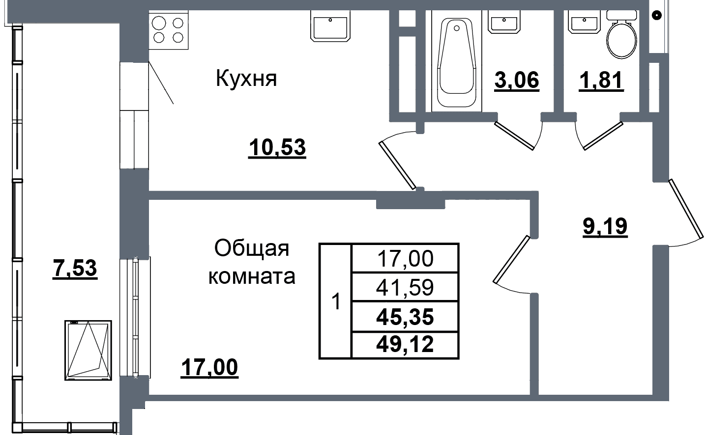 1 комн., 45.4 м²