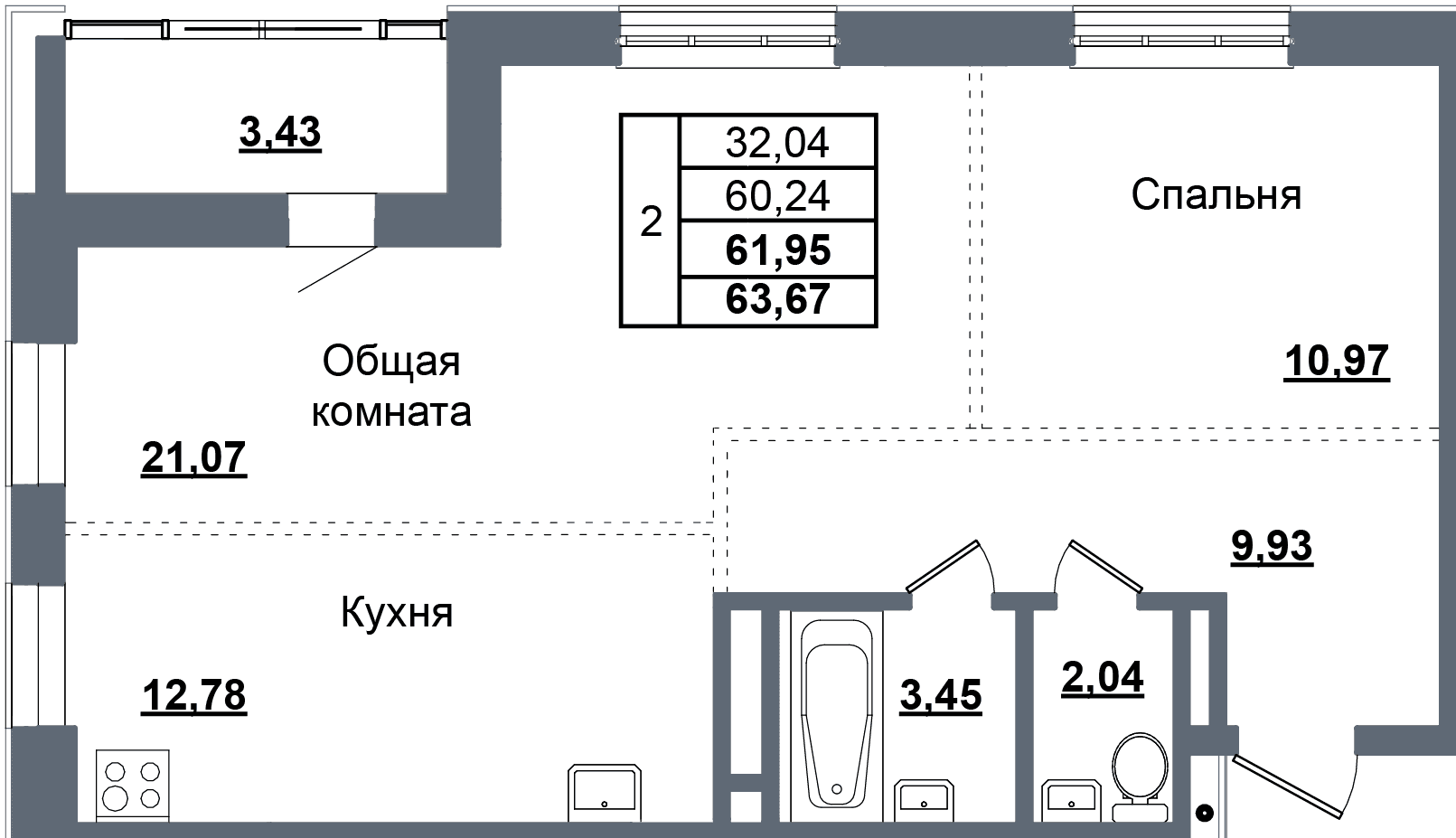 2 комн., 62.0 м²