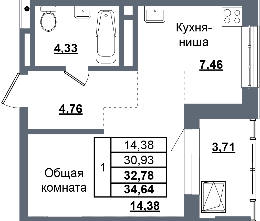 1 комн., 32.8 м²