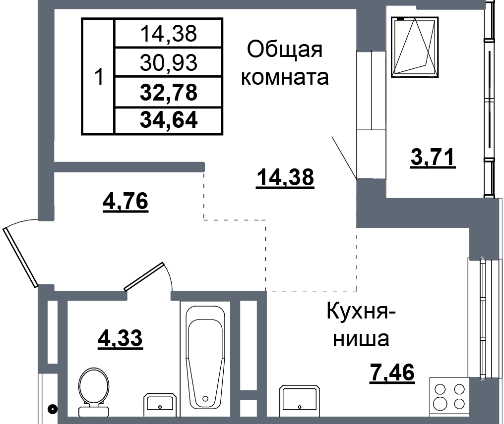 1 комн., 32.8 м²