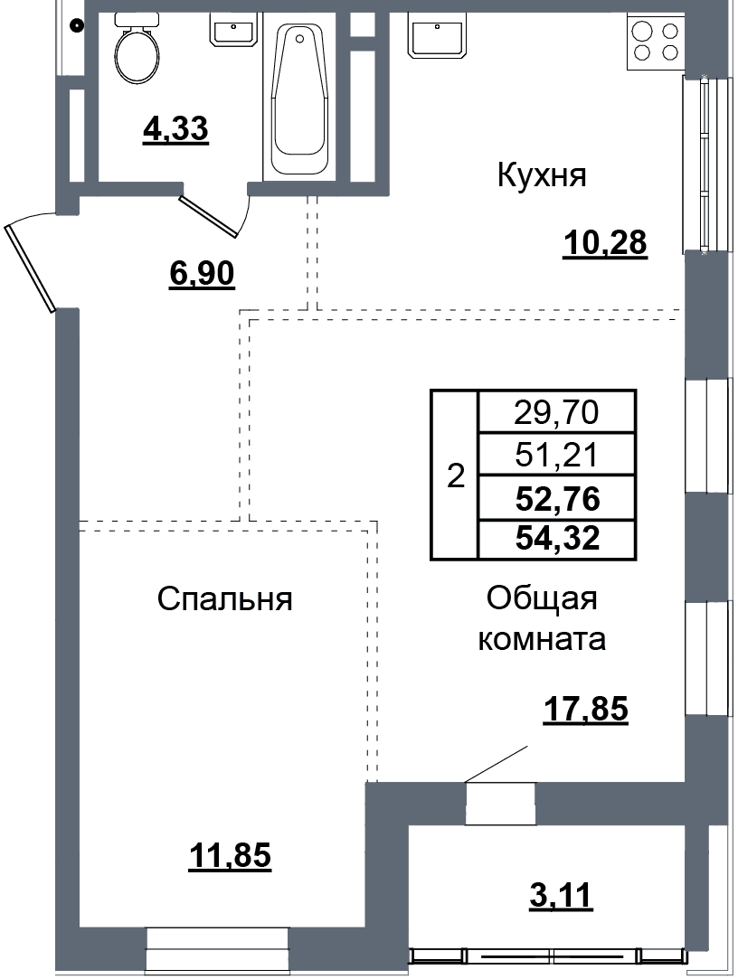 2 комн., 52.8 м²