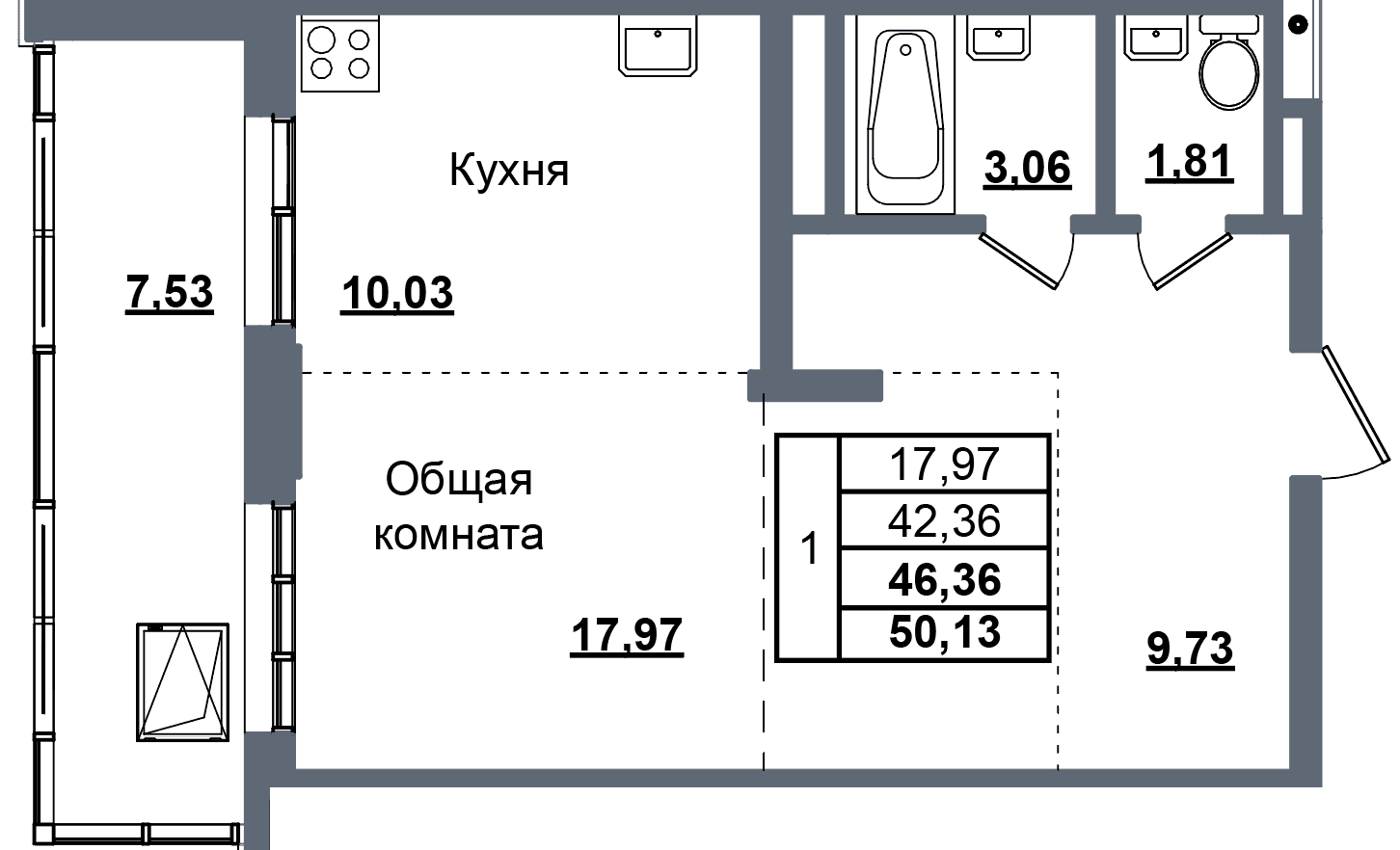 1 комн., 46.4 м²
