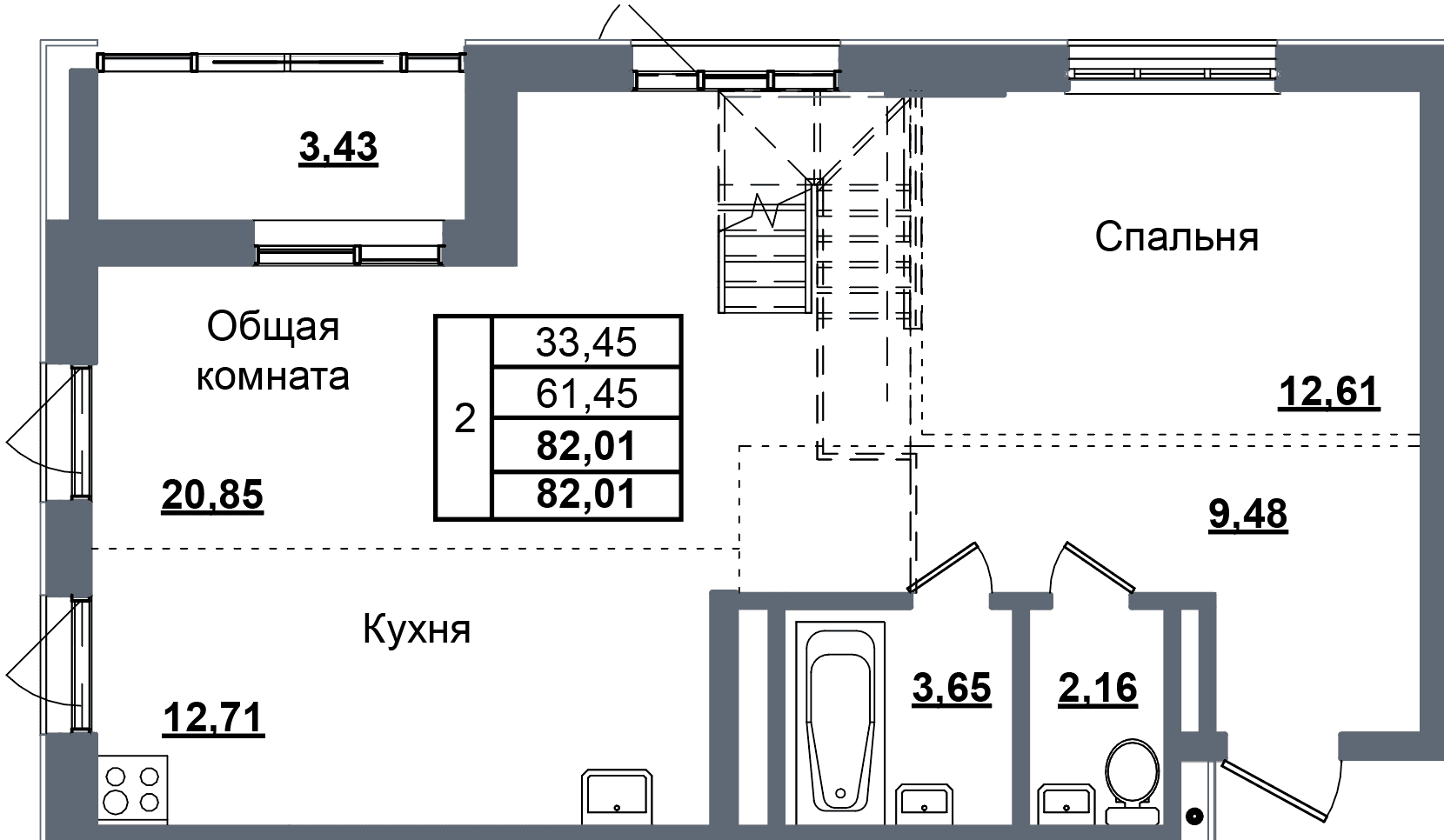 2 комн., 82.0 м²