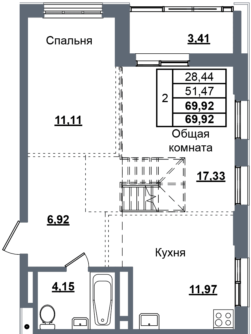 2 комн., 69.9 м²