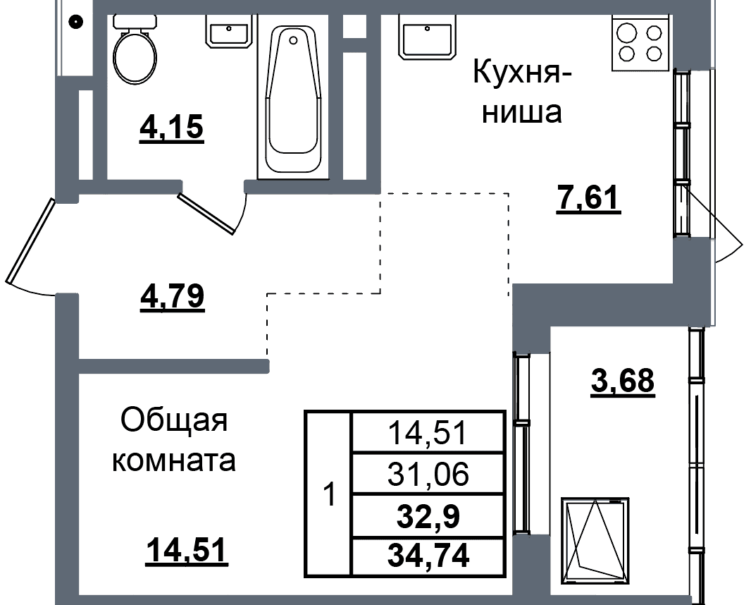 1 комн., 32.9 м²