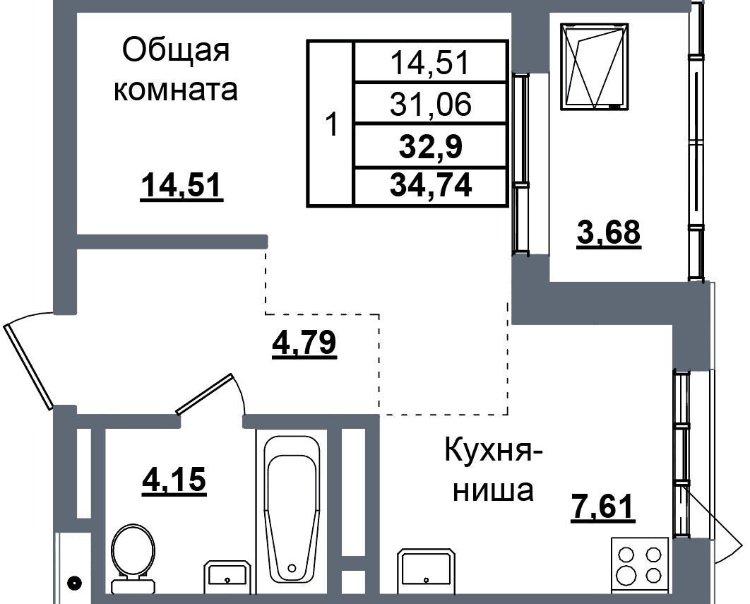 1 комн., 32.9 м²