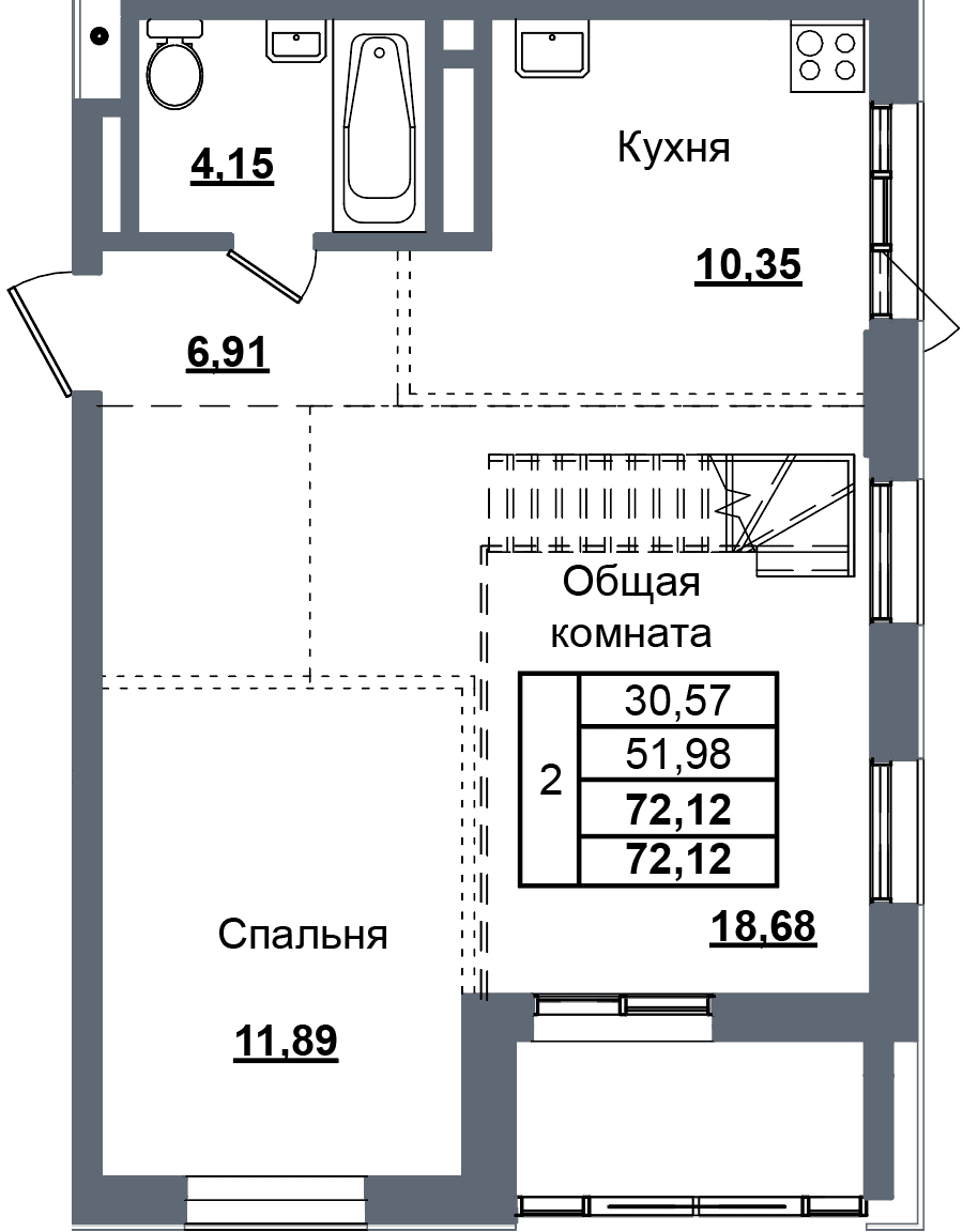 2 комн., 72.1 м²