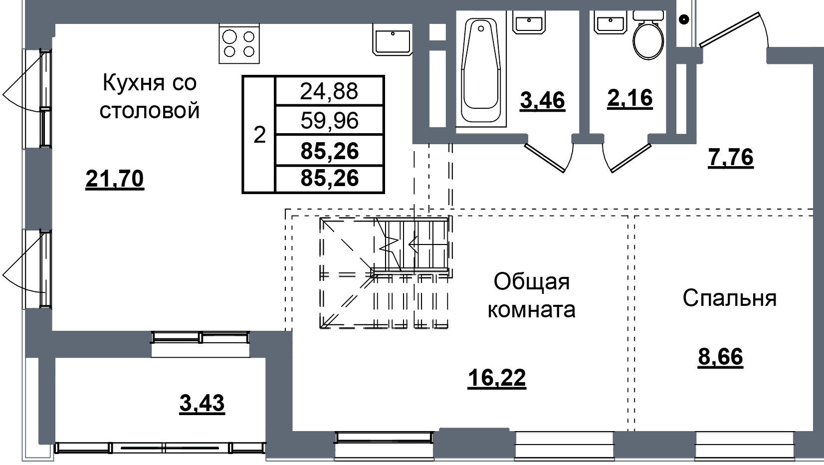 2 комн., 85.3 м²