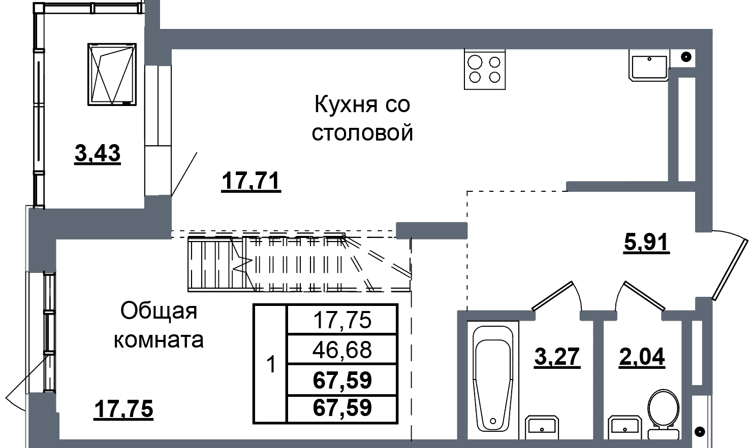 1 комн., 67.6 м²
