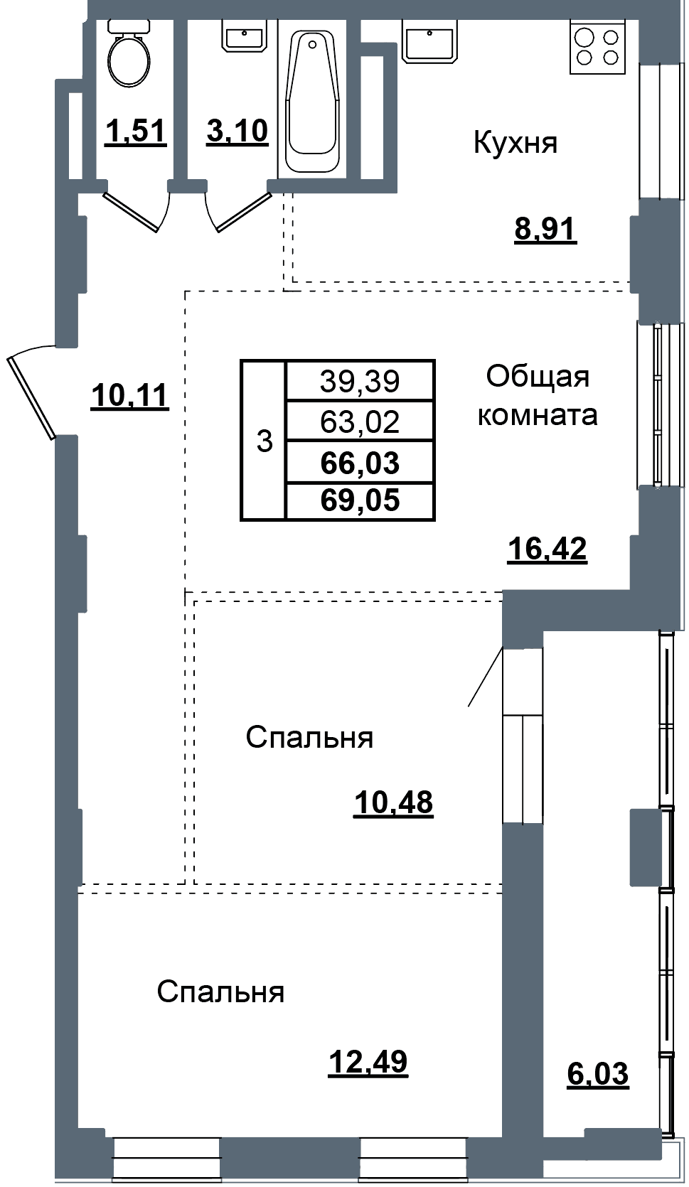 3 комн., 66.0 м²