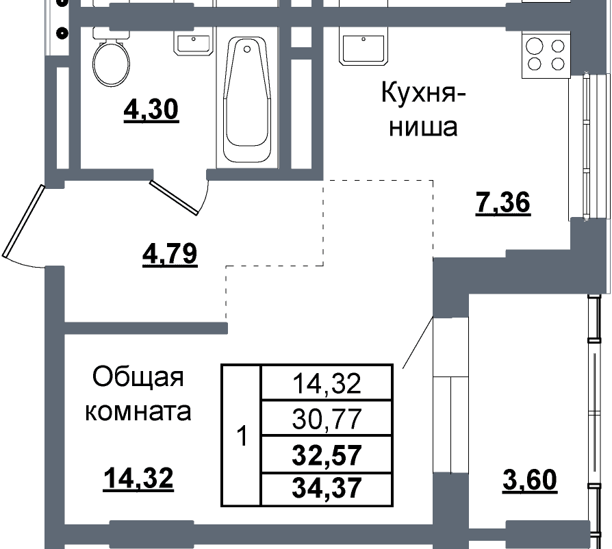 1 комн., 32.6 м²