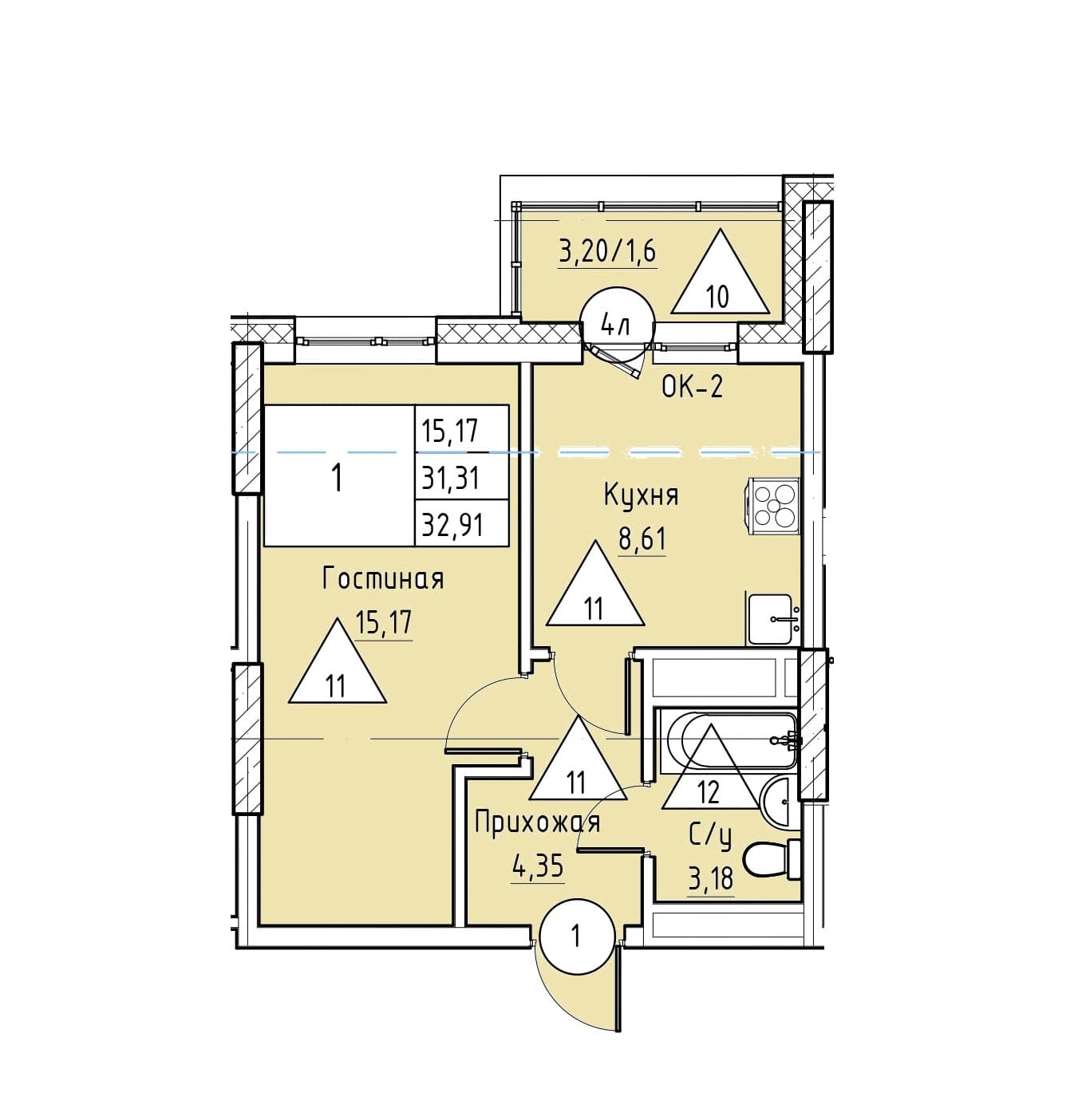1 комн., 32.9 м²