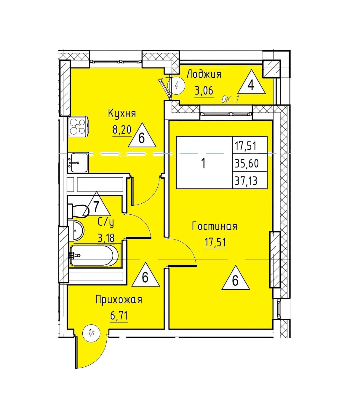 1 комн., 37.1 м²