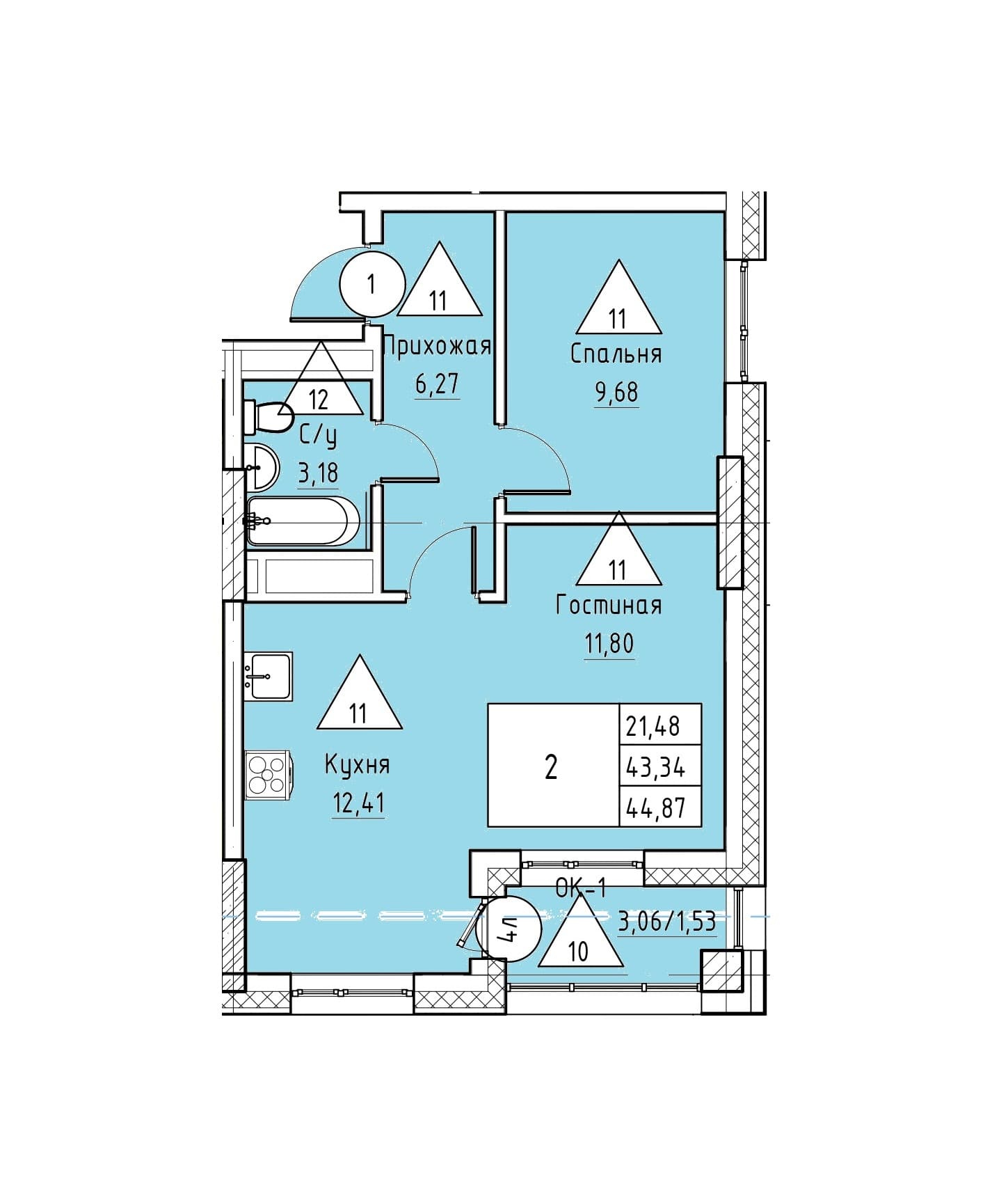 2 комн., 44.9 м²