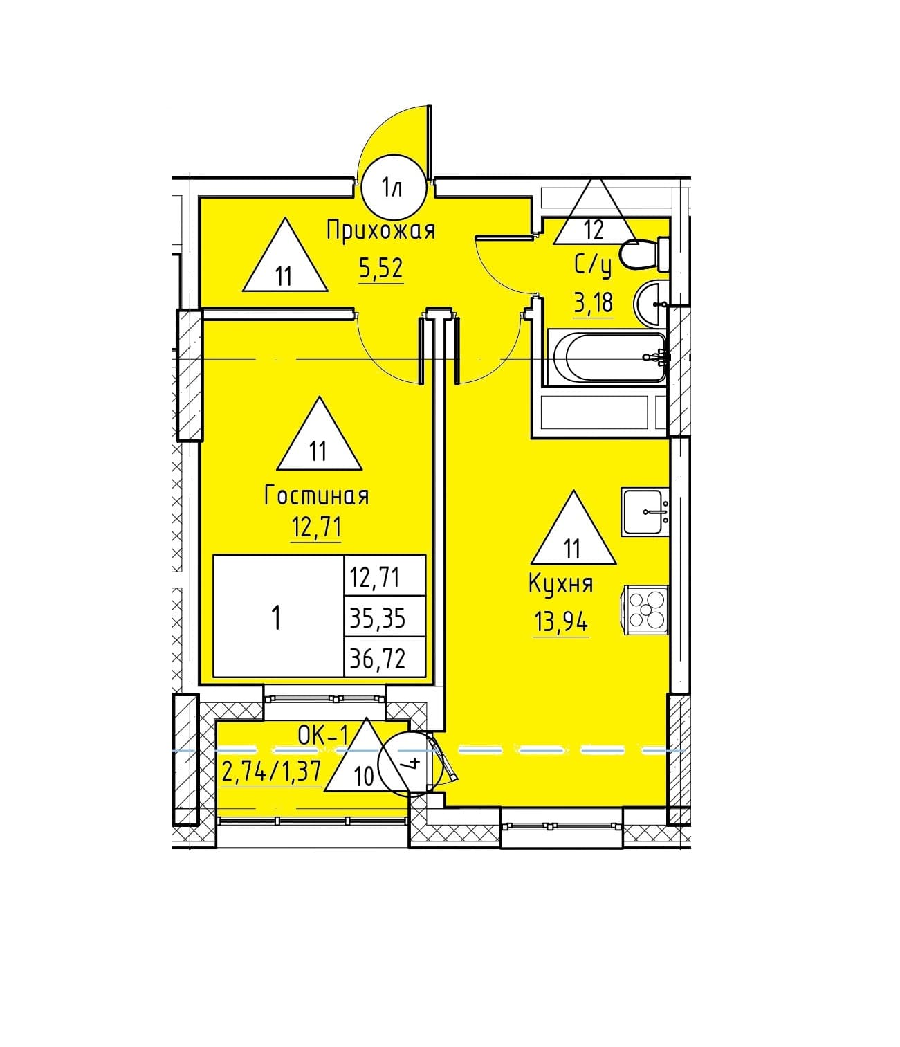 1 комн., 36.7 м²