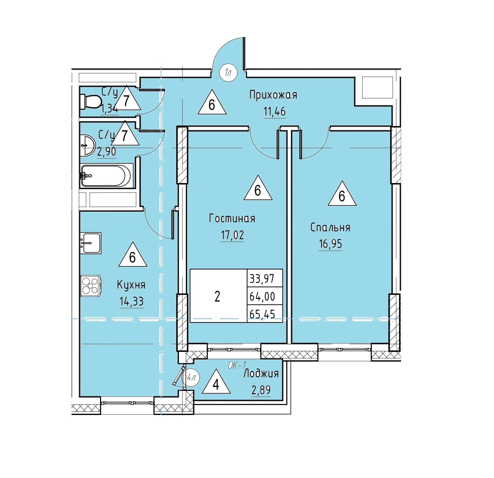 2 комн., 65.5 м²