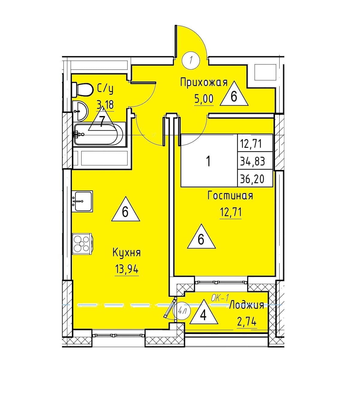 1 комн., 36.2 м²