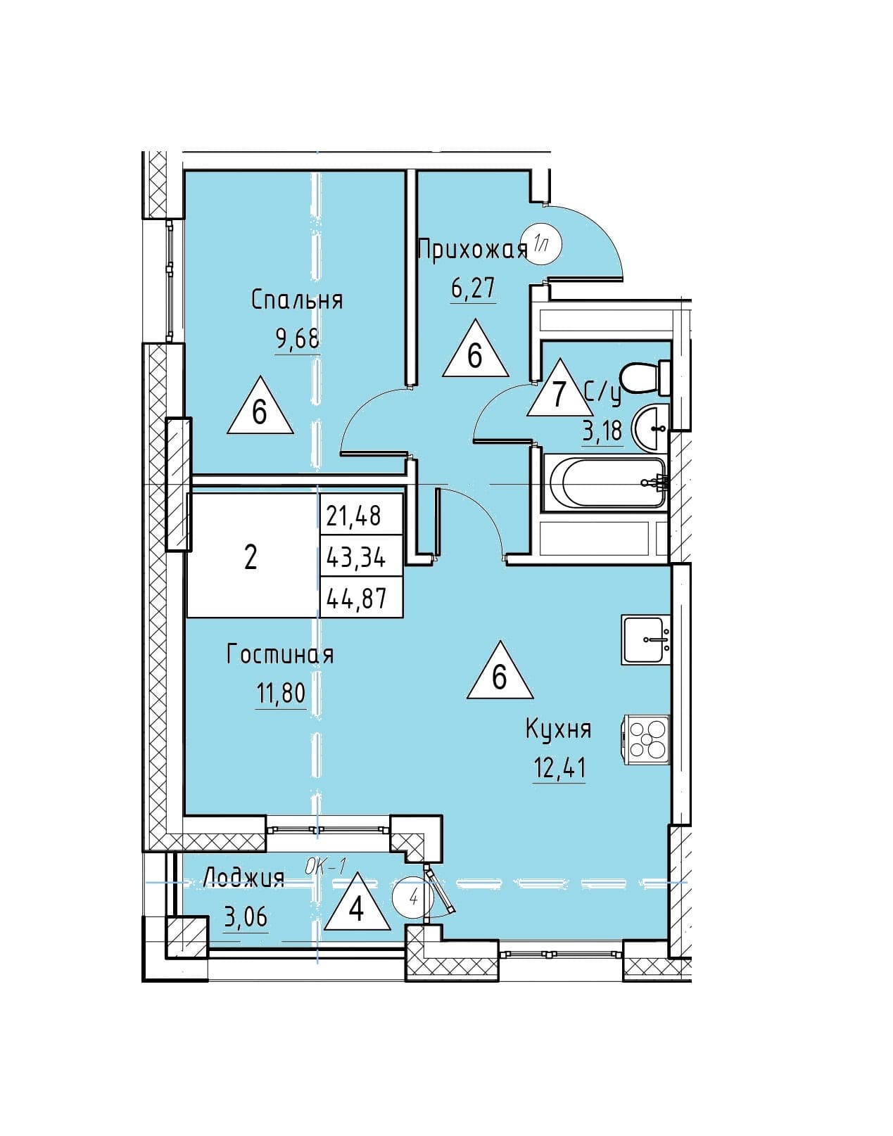2 комн., 44.9 м²