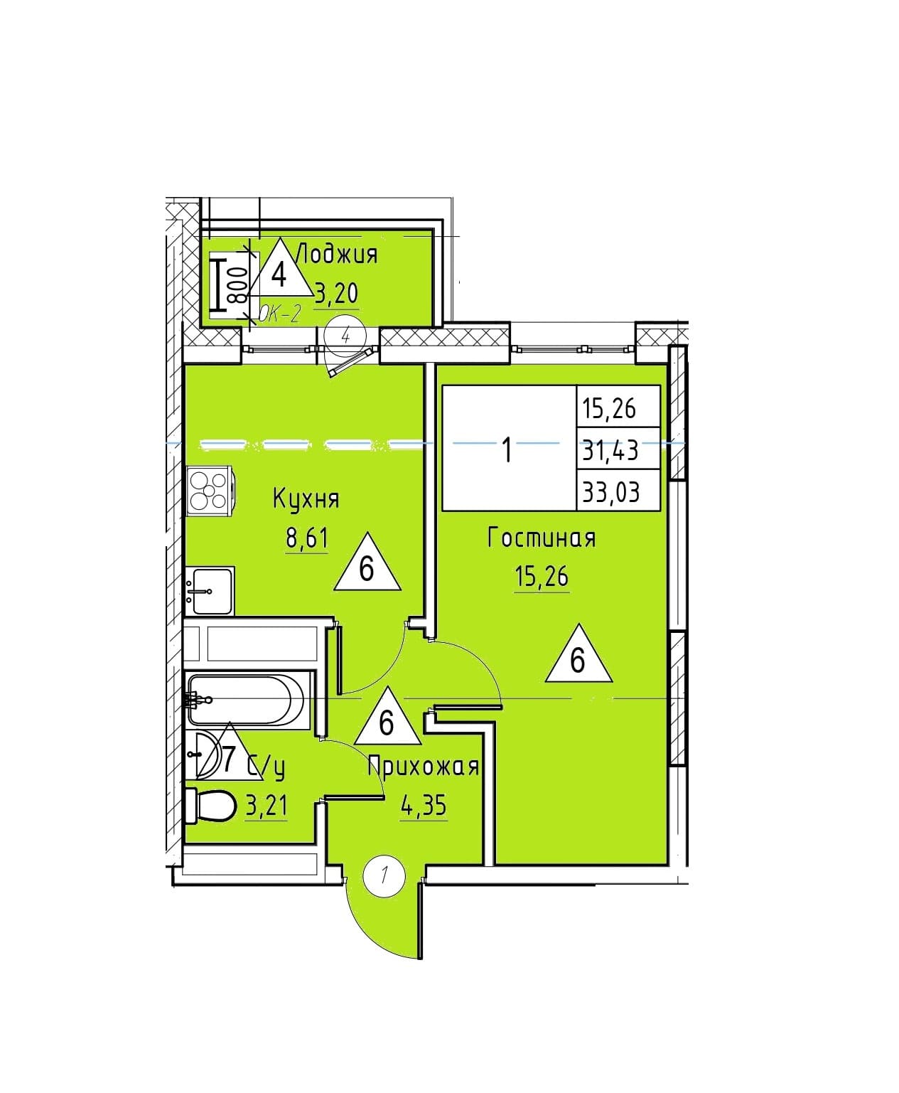 1 комн., 33.0 м²