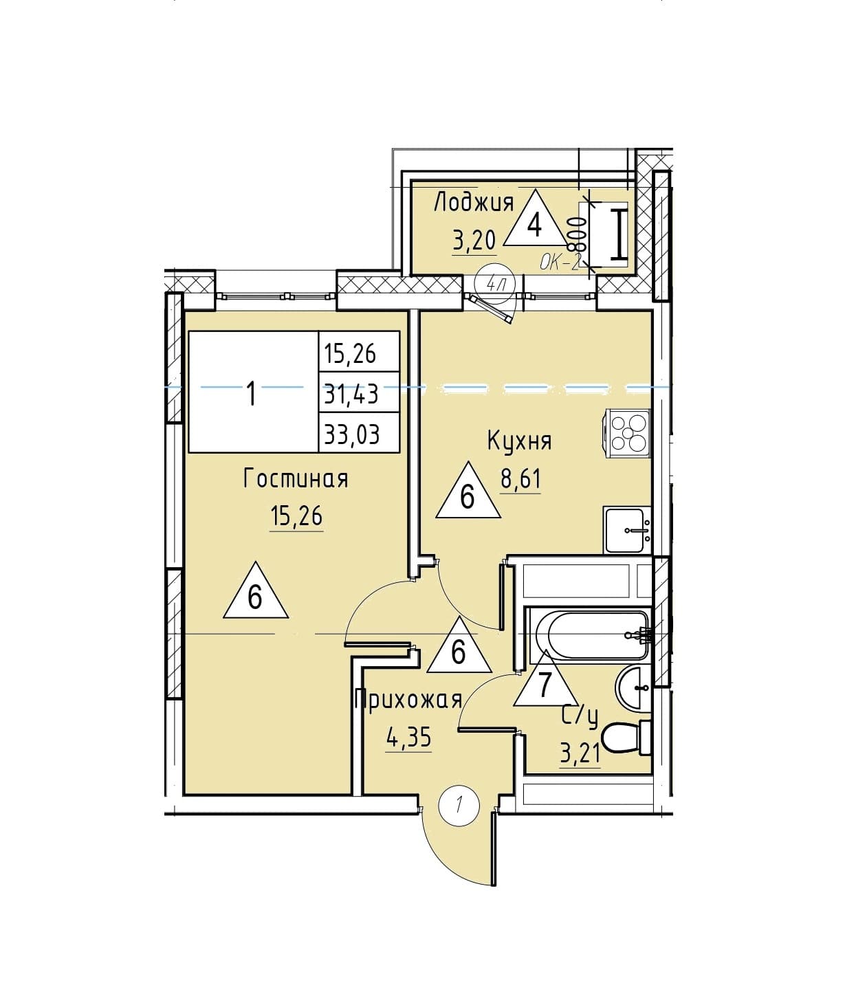 1 комн., 33.0 м²