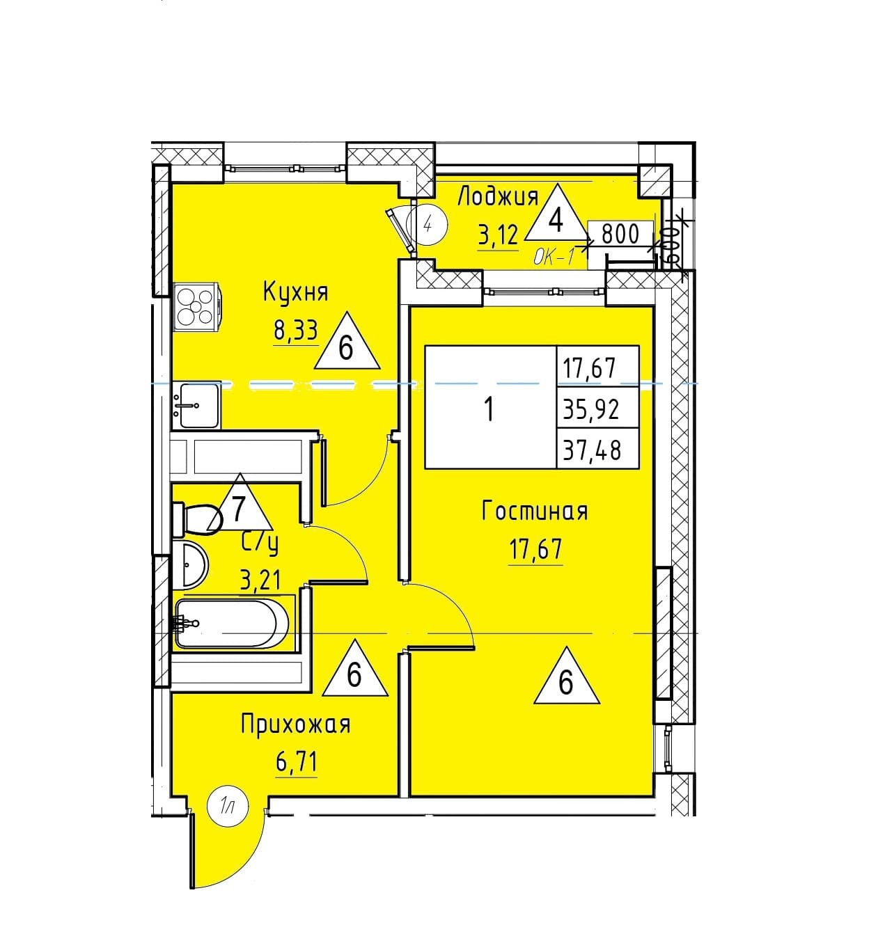 1 комн., 37.5 м²