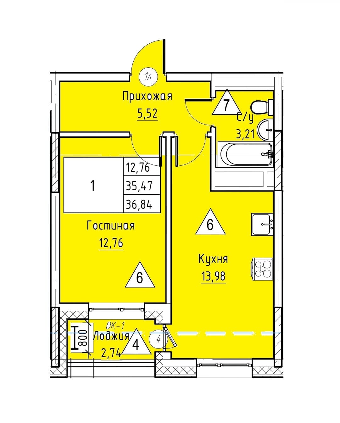 1 комн., 36.8 м²
