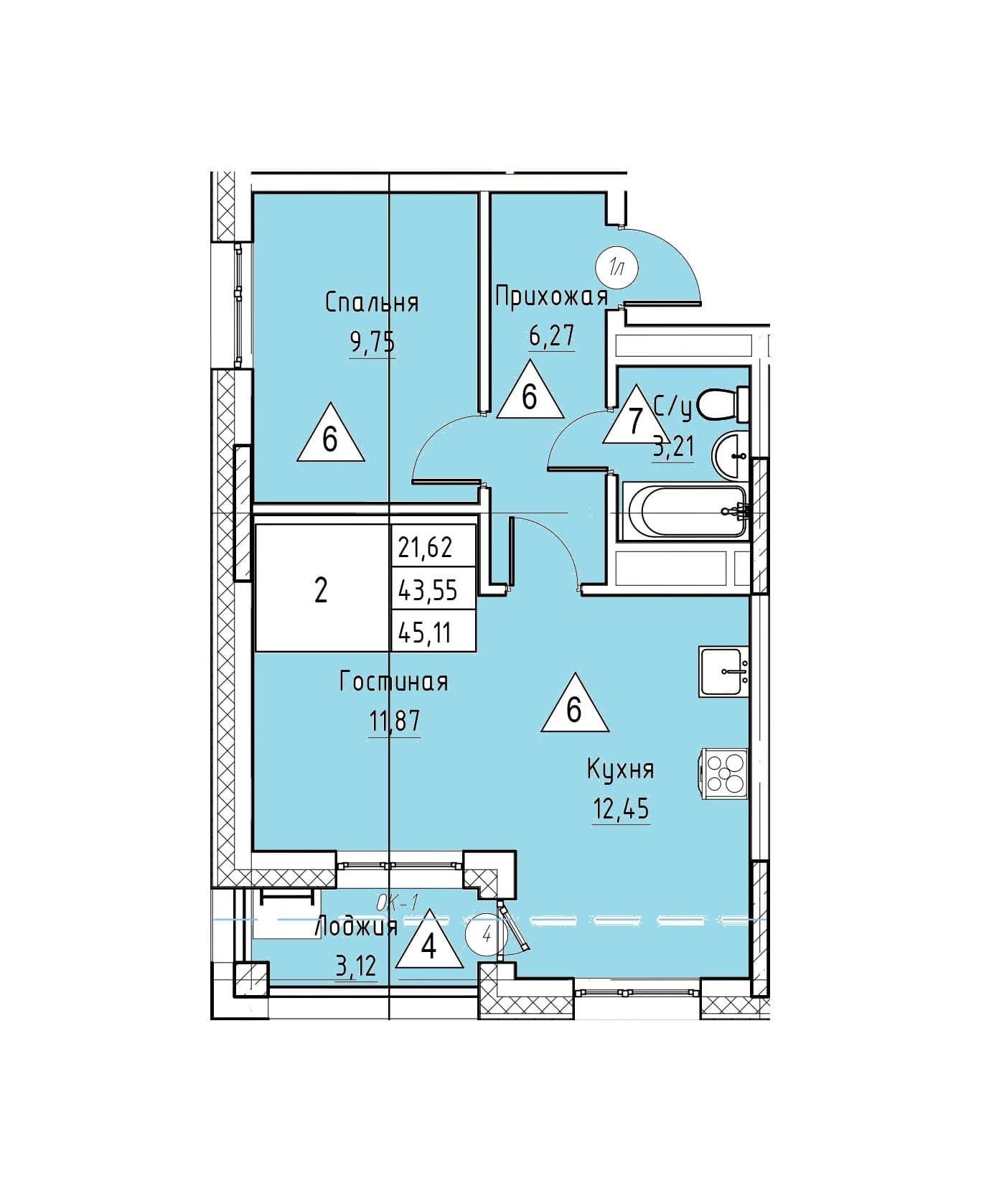 2 комн., 45.1 м²