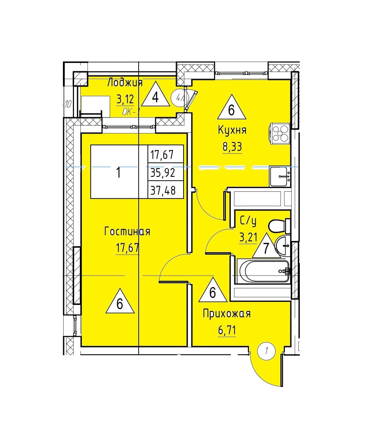 1 комн., 37.5 м²