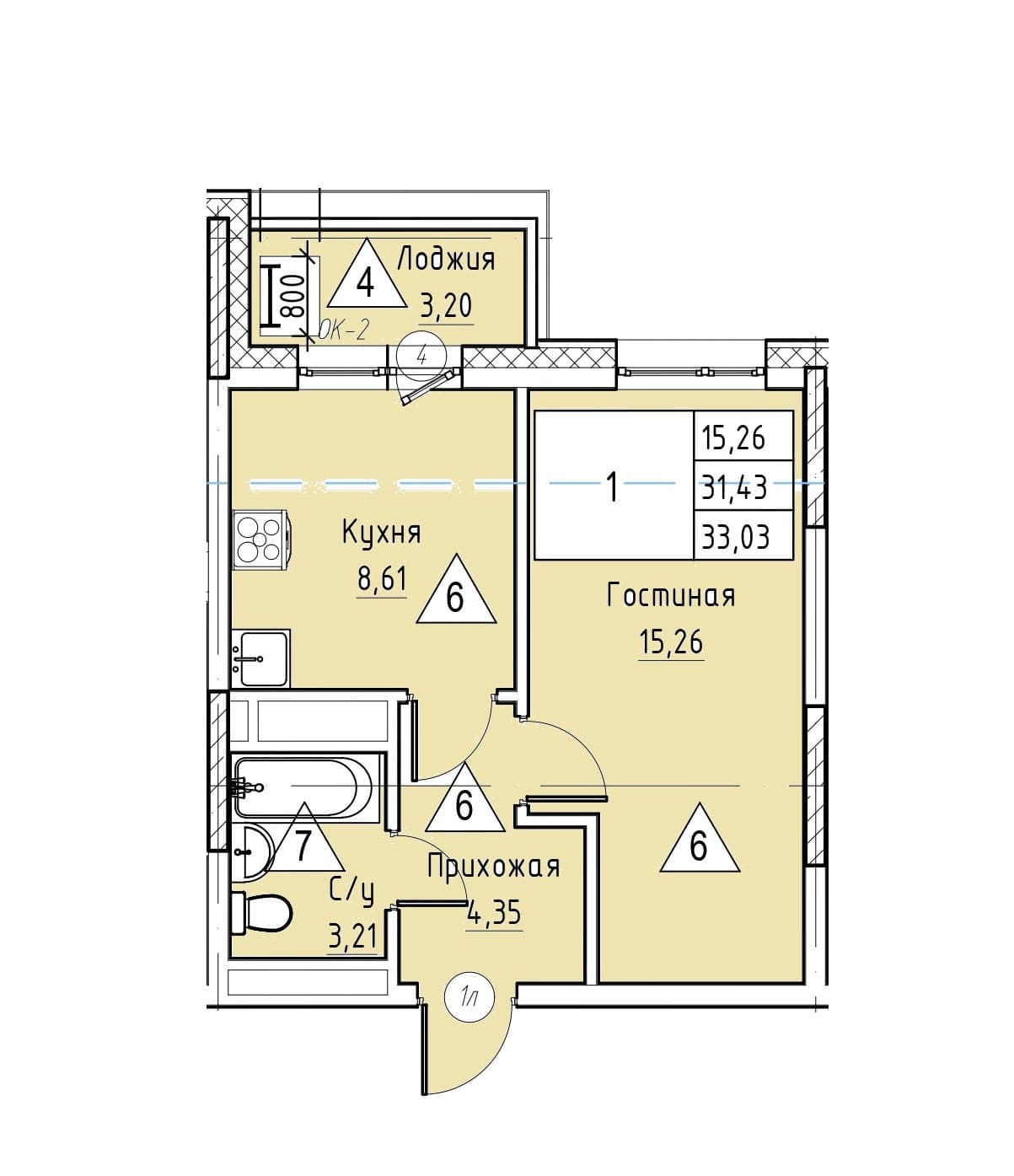 1 комн., 33.0 м²