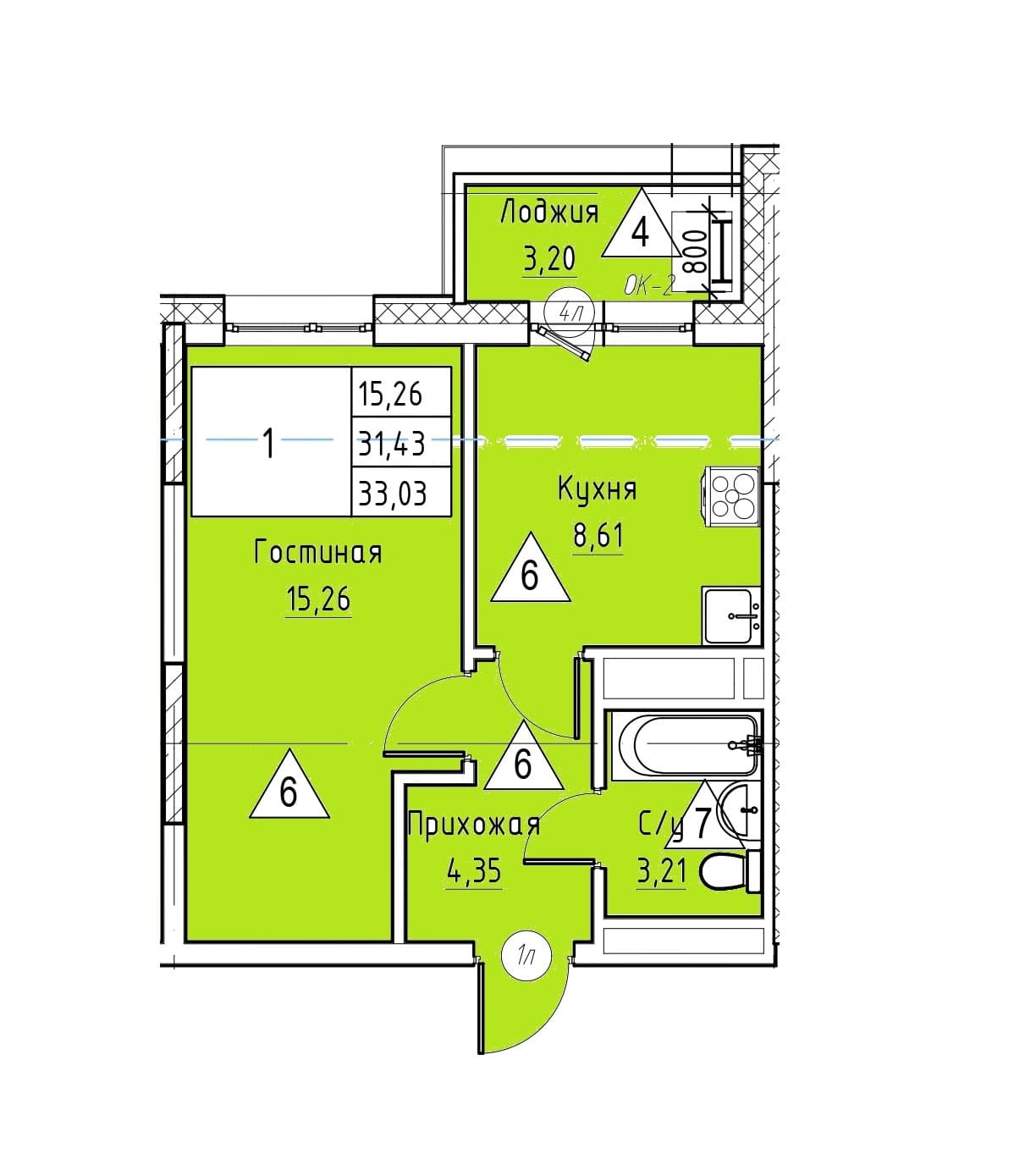 1 комн., 33.0 м²