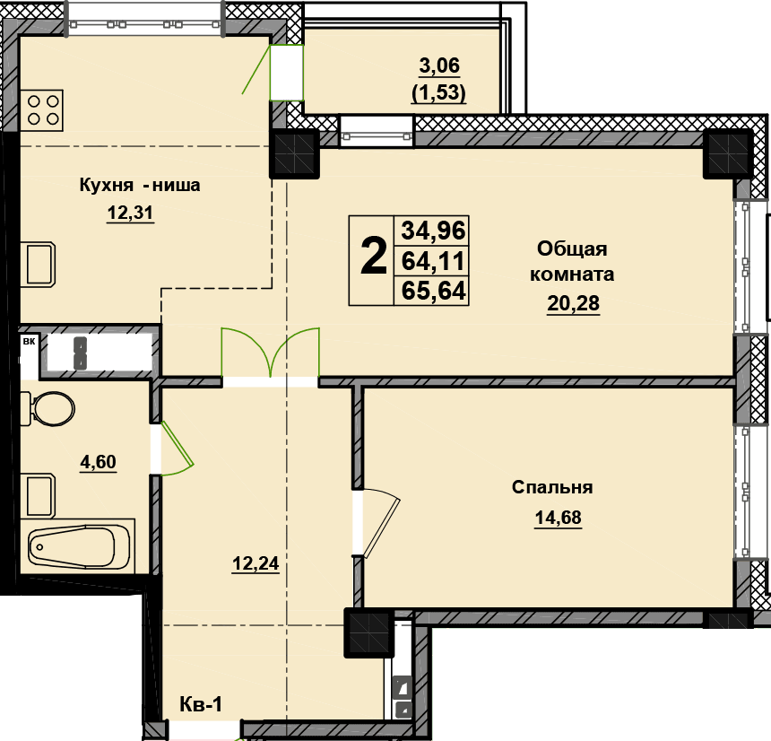 2 комн., 65.6 м²