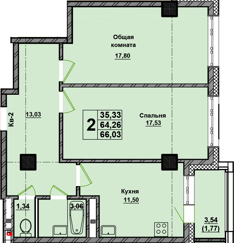 2 комн., 66.0 м²