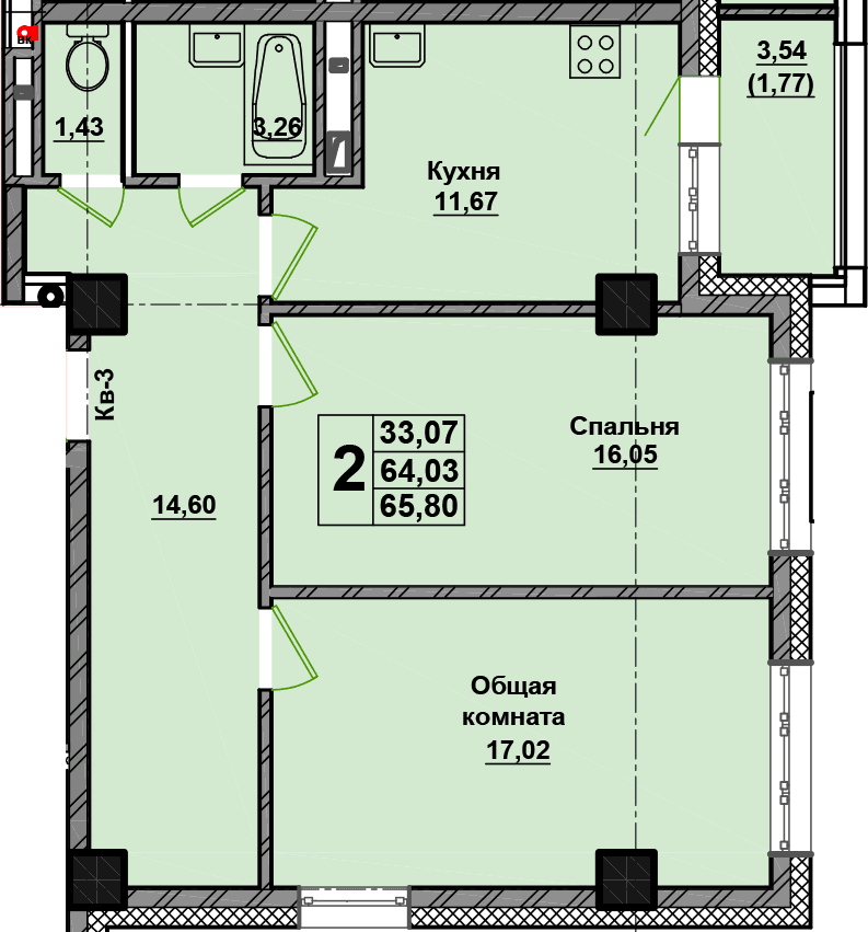 2 комн., 65.8 м²