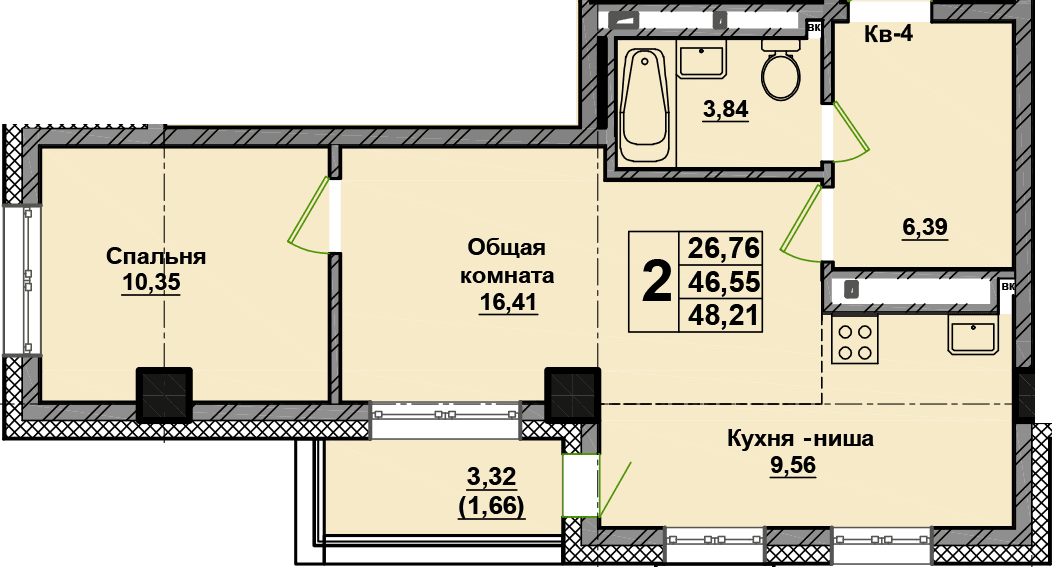 2 комн., 48.2 м²