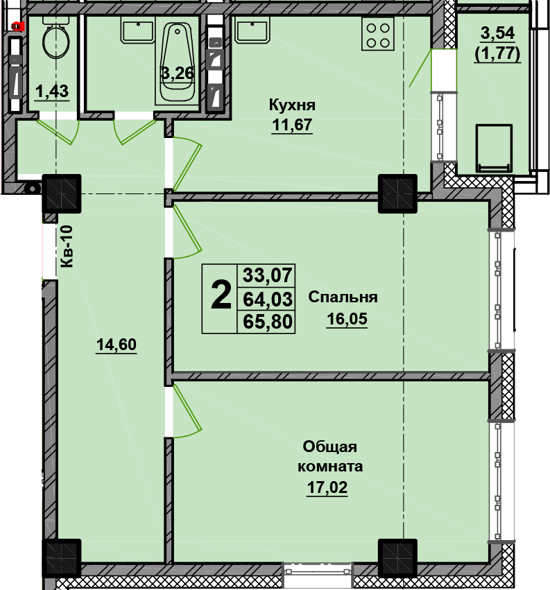 2 комн., 65.8 м²