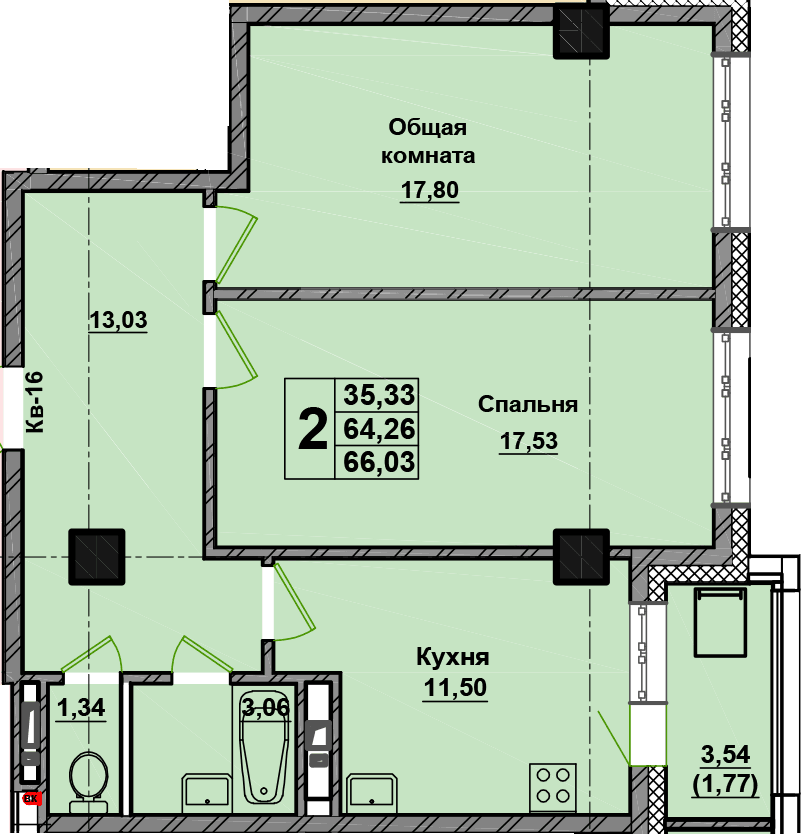 2 комн., 66.0 м²