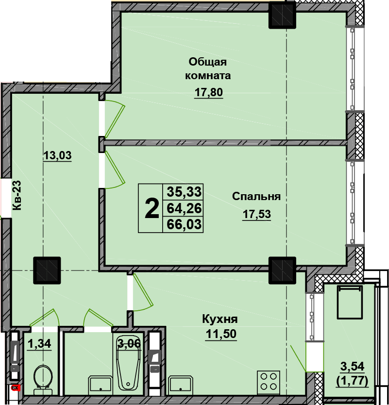 2 комн., 66.0 м²
