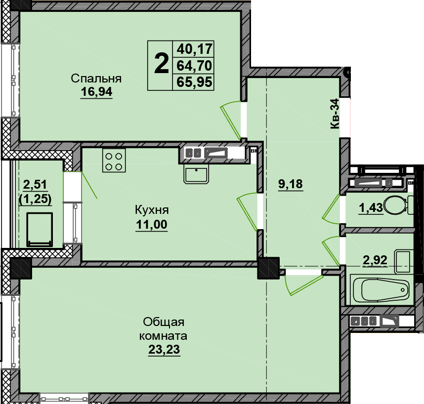 2 комн., 66.0 м²